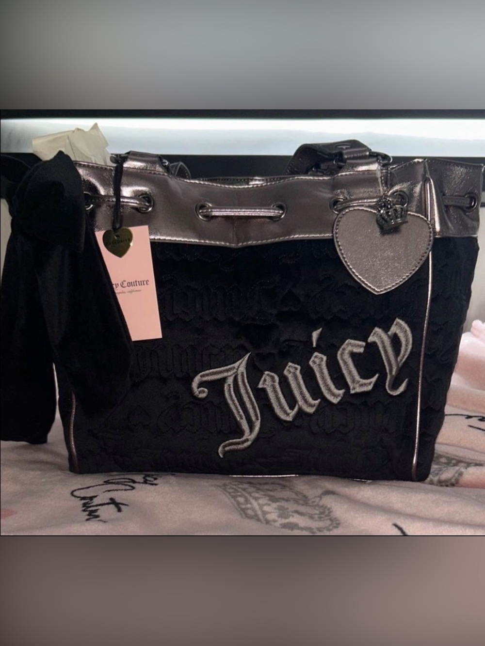 Juicy Couture Black Velvet Tote with Metallic Silver Trim and Heart Charm